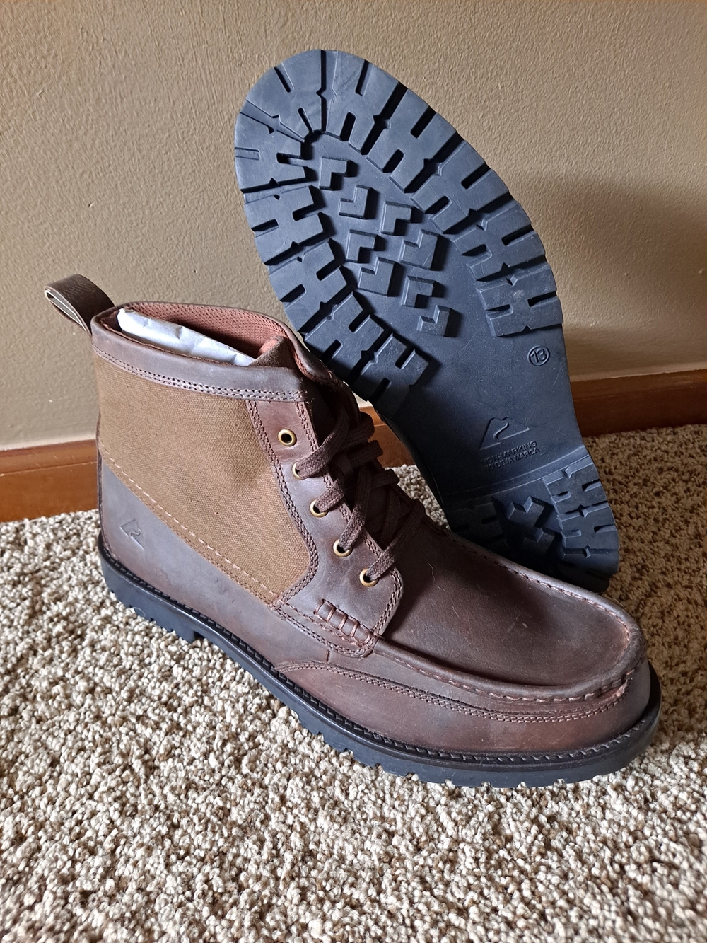 Ozark Trail Brown Leather & Canvas Moc Toe Lace-Up Boots Men Size 13